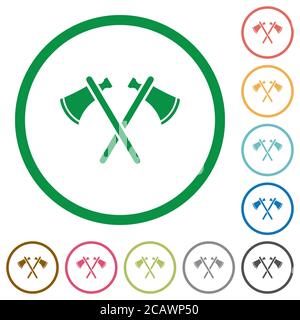 Two tomahawks flat color icons in round outlines on white background Stock Vector