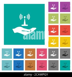 Sharing wireless network multi colored flat icons on plain square backgrounds. Included white and darker icon variations for hover or active effects. Stock Vector
