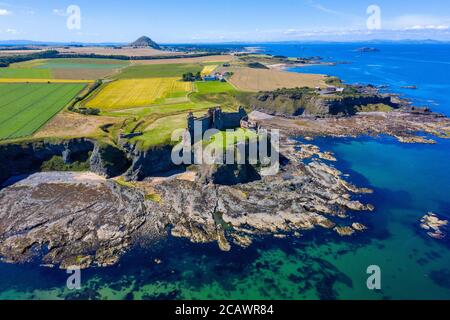 Aerial view of Tantallon Castle, a ruined mid-14th-century fortress, located 5 kilometres east of North Berwick, in East Lothian, Scotland. Stock Photo