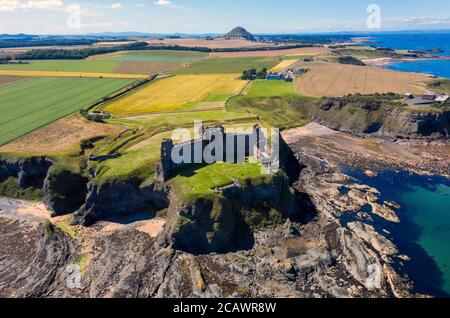 Aerial view of Tantallon Castle, a ruined mid-14th-century fortress, located 5 kilometres east of North Berwick, in East Lothian, Scotland. Stock Photo