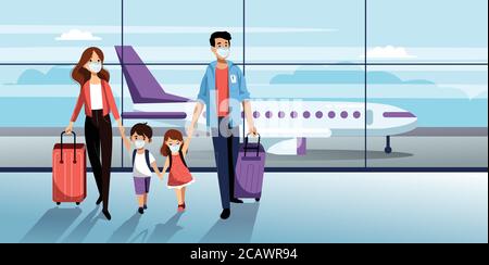 Family with two kids in medical protection masks in airport terminal. Vector illustration. Traveling by airplane during outbreak of coronavirus epidem Stock Vector