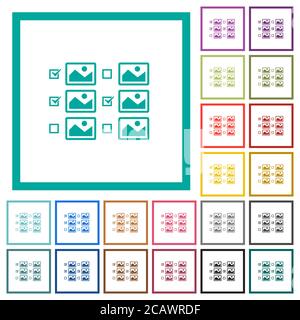 Multiple image selection with checkboxes flat color icons with quadrant frames on white background Stock Vector