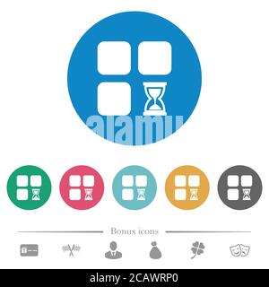 Component waiting flat white icons on round color backgrounds. 6 bonus icons included. Stock Vector