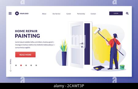 Painter worker paints wall with yellow paint. Handyman makes house repair works, staining and painting. Vector flat cartoon illustration. Home repair, Stock Vector