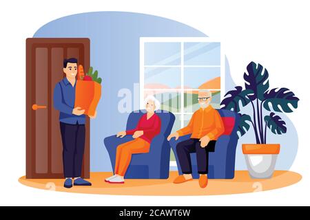 Young man brought food package to elderly parents or grandparents. Volunteer social worker delivers grocery to senior couple. Vector flat cartoon char Stock Vector