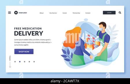 Home delivery service of drugs, prescription medicines. Courier in mask hands package with pills, medicals to woman. Vector 3d isometric illustration. Stock Vector