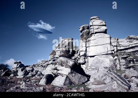 UFO on moors concept Stock Photo