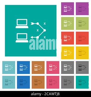 Traceroute remote computer multi colored flat icons on plain square backgrounds. Included white and darker icon variations for hover or active effects Stock Vector