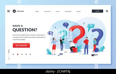Frequently asked questions, FAQ, answers and problem solutions concept. Miniature people with question marks, business metaphor. Vector flat cartoon c Stock Vector