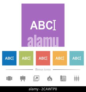 Typing text with cursor flat white icons in square backgrounds. 6 bonus icons included. Stock Vector