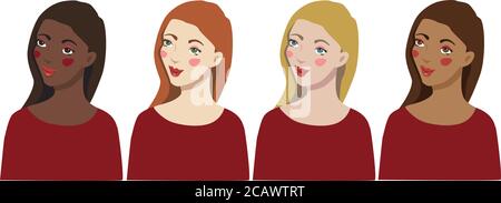 Set of four girl portraits. Vector collection with women of different nationalities and cultures. Stock Vector