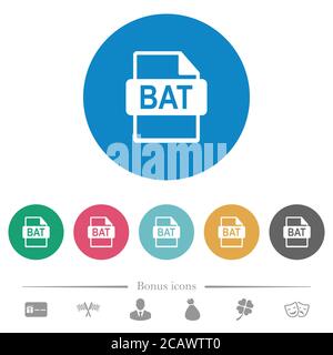 BAT file format flat white icons on round color backgrounds. 6 bonus icons included. Stock Vector