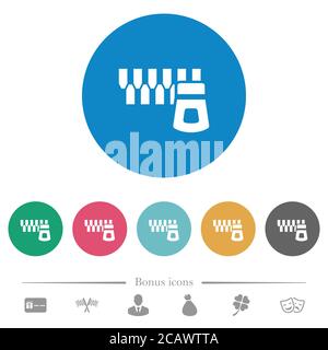 Horizontal zipper flat white icons on round color backgrounds. 6 bonus icons included. Stock Vector