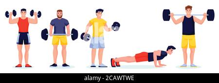 Male athletes or bodybuilding instructors in different poses on white background. Fitness and gym characters with barbells and dumbbells. Vector flat Stock Vector