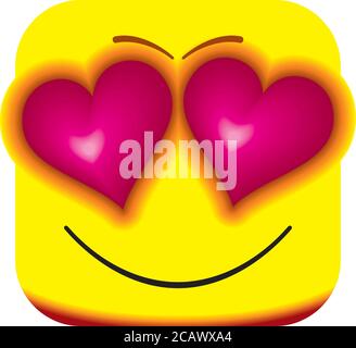 Happy yellow loving emoticon face with eyes in the form of hearts. Cartoon Square Emoticon. Cartoon faces for your cute design. Stock Vector