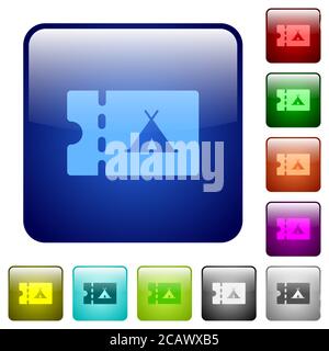Camping discount coupon icons in rounded square color glossy button set Stock Vector
