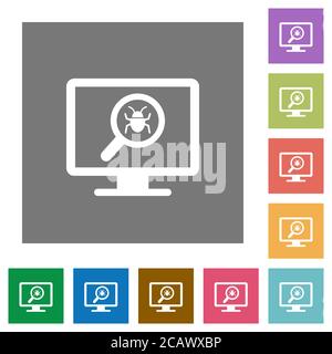 Spyware scanning flat icons on simple color square backgrounds Stock Vector
