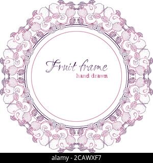 Round frame border pattern of organic fresh fruit, berry mix. Hand drawn vector illustration isolated on white background. Template with vintage illustration. Design of poster, packaging, postcards Stock Vector
