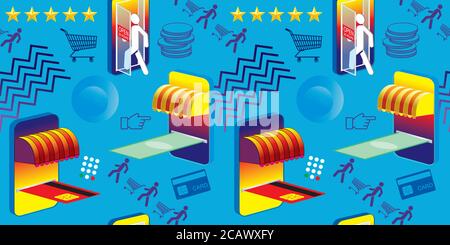 Seamless infinite pattern. Shopping Online on Website, Mobile Application. E-commerce market shopping online. Concept Marketing and Digital marketing. Stock Vector