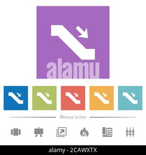 Escalator down sign flat white icons in square backgrounds. 6 bonus icons included. Stock Vector