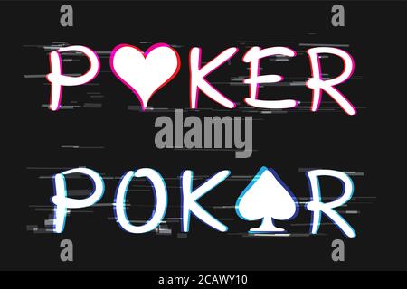 Glitch poker logo text on dark background. Playing casino poker sign symbol in black backdrop Stock Vector