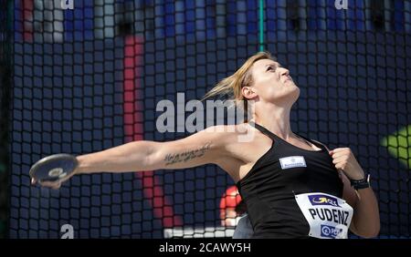 Brunswick, Germany. 09th Aug, 2020. Athletics, DM, German championship, Eintracht stadium, discus, women: Kristin Pudenz in action. Credit: Michael Kappeler/dpa/Alamy Live News Stock Photo