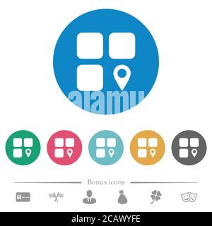 Component location flat white icons on round color backgrounds. 6 bonus icons included. Stock Vector