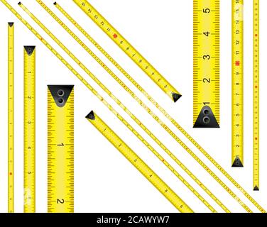 Measure Tape ruler metric measurement. Metric ruler. 200 centimeters metric  vector ruler with yellow and black color. Two version, from left to right  and opposite. 2, 4, and 8 centimetre wide. Stock Vector