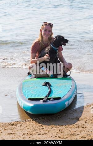 Young woman sitting on paddleboard, paddle board, with cockapoo dog sitting on her lap at Poole, Dorset, UK on hot sunny day in August Stock Photo