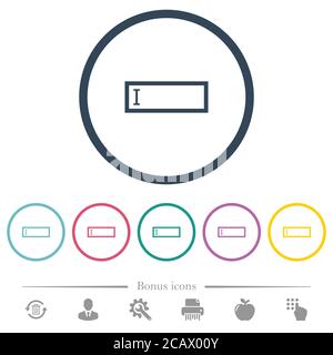 Editbox with editing cursor flat color icons in round outlines. 6 bonus icons included. Stock Vector
