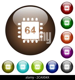 Microprocessor 64 bit architecture white icons on round color glass buttons Stock Vector