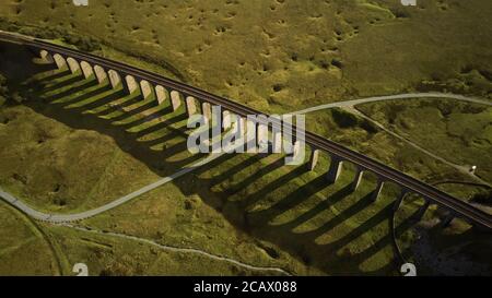 Ribblehead Viaduct viewed from the sky taken by a drone. Stock Photo