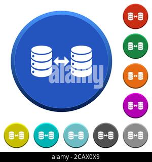 Syncronize databases round color beveled buttons with smooth surfaces and flat white icons Stock Vector