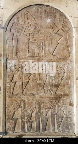 Egypt, Cairo, Egyptian Museum, round-topped stela, in three registers, of Any, who's title 'general of the estate of Amun' is very rare. Stock Photo