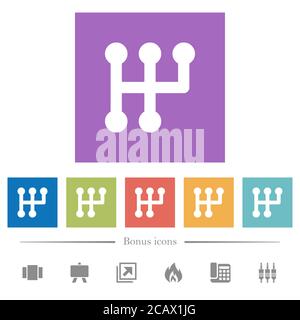 Manual shift flat white icons in square backgrounds. 6 bonus icons included. Stock Vector