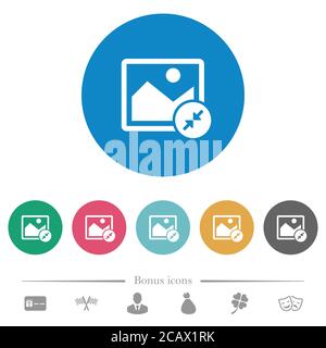 Resize image small flat white icons on round color backgrounds. 6 bonus icons included. Stock Vector