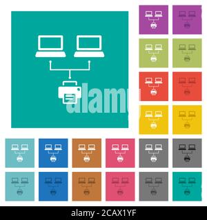 Network printing multi colored flat icons on plain square backgrounds. Included white and darker icon variations for hover or active effects. Stock Vector