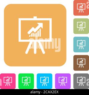 Presentation table with rising graph flat icons on rounded square vivid color backgrounds. Stock Vector