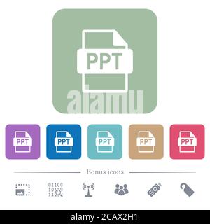 PPT file format white flat icons on color rounded square backgrounds. 6 bonus icons included Stock Vector
