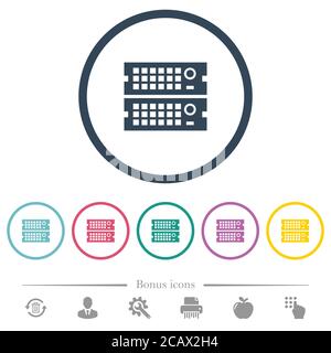 Rack servers flat color icons in round outlines. 6 bonus icons included. Stock Vector