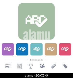 Spell check white flat icons on color rounded square backgrounds. 6 bonus icons included Stock Vector