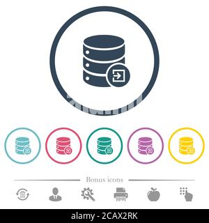 Import database flat color icons in round outlines. 6 bonus icons included. Stock Vector