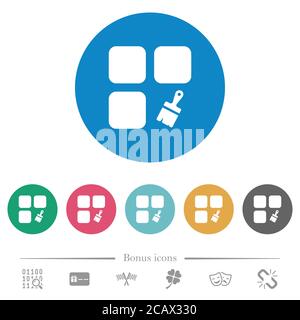 Component paste flat white icons on round color backgrounds. 6 bonus icons included. Stock Vector
