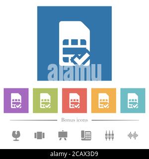 SIM card accepted flat white icons in square backgrounds. 6 bonus icons included. Stock Vector