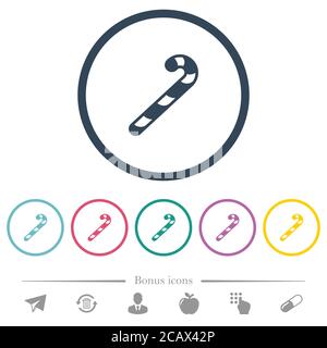 Candy canes flat color icons in round outlines. 6 bonus icons included. Stock Vector