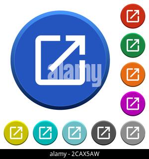 Open in new window round color beveled buttons with smooth surfaces and flat white icons Stock Vector