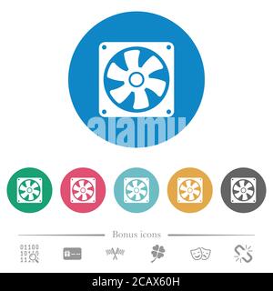Computer fan flat white icons on round color backgrounds. 6 bonus icons included. Stock Vector