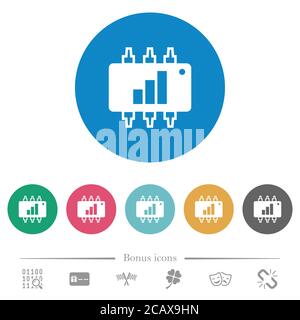 Hardware acceleration flat white icons on round color backgrounds. 6 bonus icons included. Stock Vector