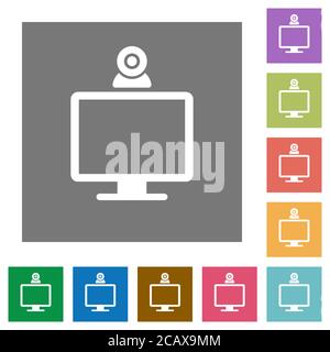 Monitor with webcam flat icons on simple color square backgrounds Stock Vector