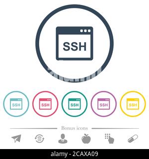 SSH client application flat color icons in round outlines. 6 bonus icons included. Stock Vector